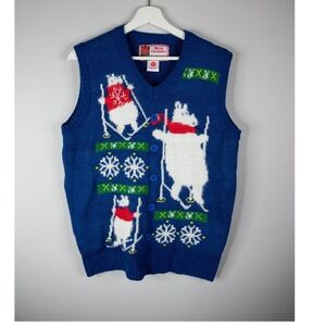 Merry Christmas Sweater Vest Mens Small Blue Good Yeti Skiing Holiday Ugly Knit